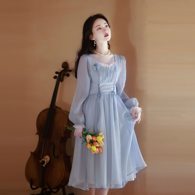 Commuter Long-Sleeved A-Line Dress for Girls, Light Blue, Soft and Sweet, Everyday Sweet Long Dress with Tie, High-Waisted, Slimming Dress Commuter Long-Sleeved A-Line Dress for Girls, Light Blue, Soft and Sweet, Everyday Sweet Long Dress with Tie, High-Waisted, Slimming Dress