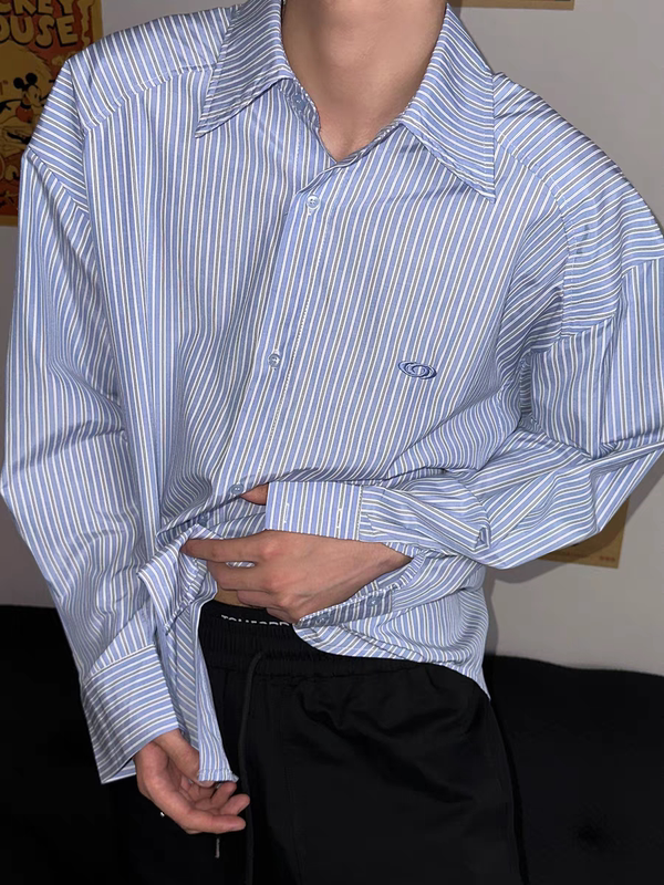 American Retro Design Striped Versatile Long-Sleeve Shirt for Men, Early Autumn Turn-Down Collar Basic Commuter Trendy Shirt Jacket