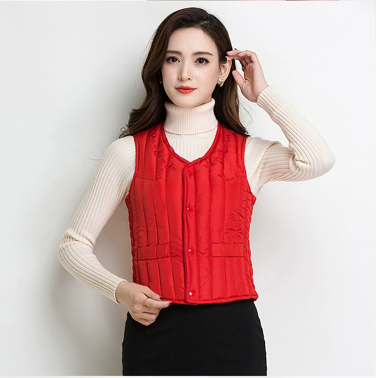 Mới xuống cotton vest nữ ngắn đoạn mùa thu và mùa đông trung niên nữ vest vai cỡ lớn mẹ mặc vest bó sát áo sơ mi kiểu đẹp