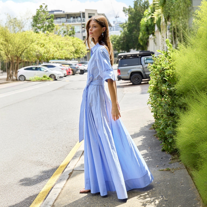 635 Euros New York Luxury Brand Js Pure Blue Striped Dress with Waist Tie, Large Hem, and Oversized Lapel Shirt 635 Euros New York Luxury Brand Js Pure Blue Striped Dress with Waist Tie, Large Hem, and Oversized Lapel Shirt