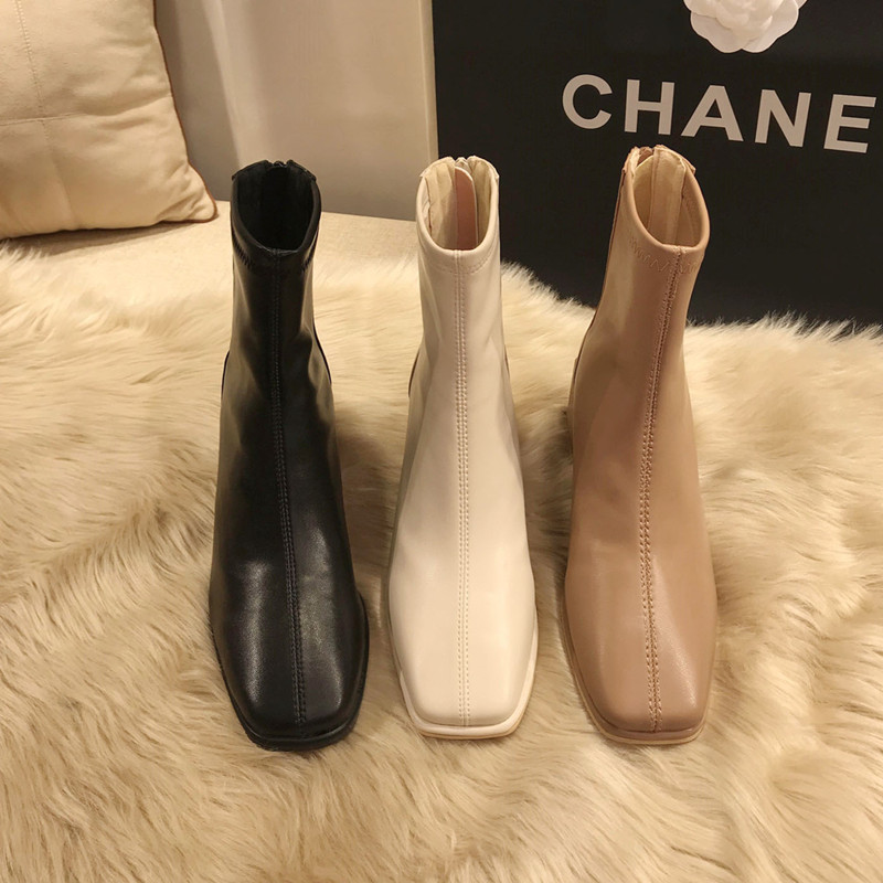 Su Xiaoyin Rear Laced Milk Cafe Color Short Boots Woman Coarse Heel 2022 New Plus Suede Square Head Nude Boots Elastic Skinny Boots