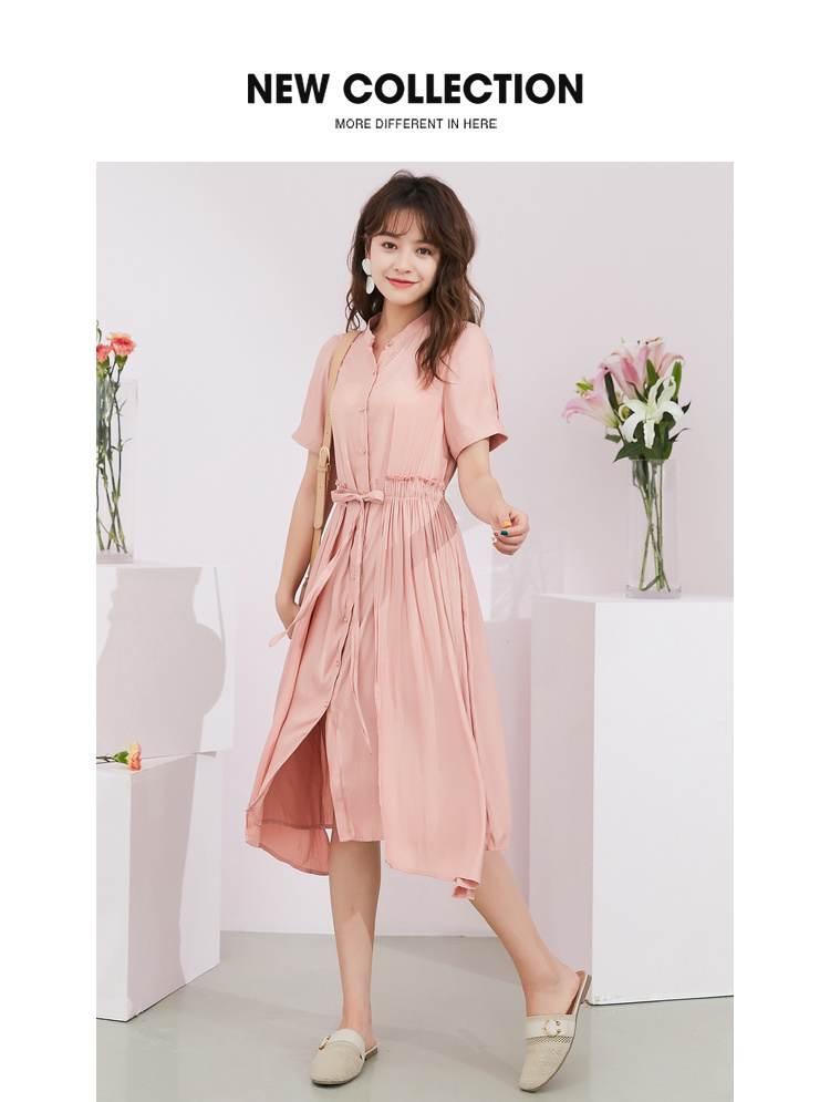 Đầm liền thân nữ màu sắc 2019 hè mới Hàn Quốc của cà vạt thun eo cao với chân váy gỗ dài - Váy eo cao 	váy sơ mi rút eo	