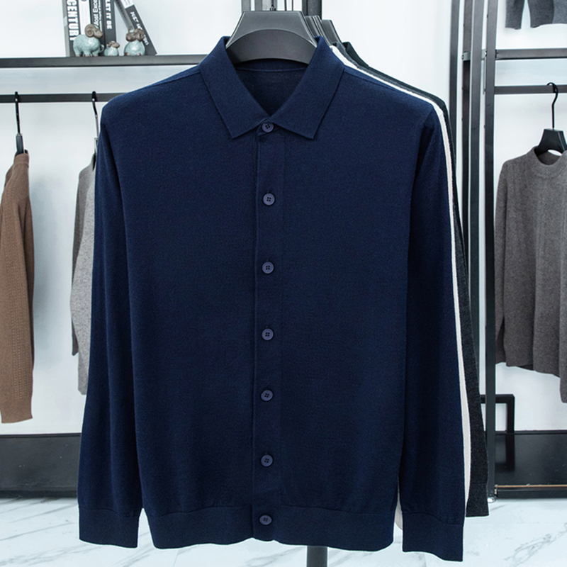Pure Cashmere Fine-Spun Men's Cardigan Ordos City Spring and Autumn Style Thin Knit Men's Turn-Down Collar Cashmere Cardigan