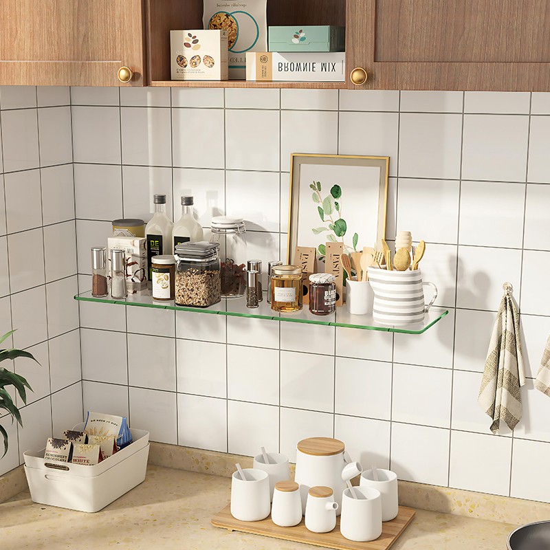 No-Drill Wall-Mounted Shelf Kitchen Partition Glass Straight Shelf Wall Bookshelf Wall-Mounted Storage Rack