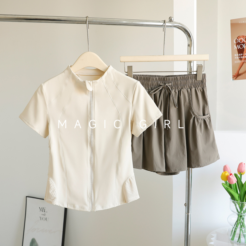 Full-Zip Stand-Collar Fitness Outfit for Women, Summer Curved Waist-Cinching Design, Slimming, Breathable, Running, Sports, Yoga Top