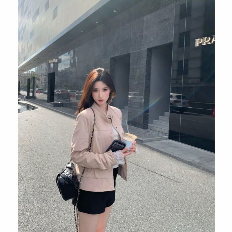 Korean Women's Must-Have Stand-Up Collar Short Leather Jacket Early Autumn Pink Sweet Cool Style Leather Jacket Casual High-End Top
