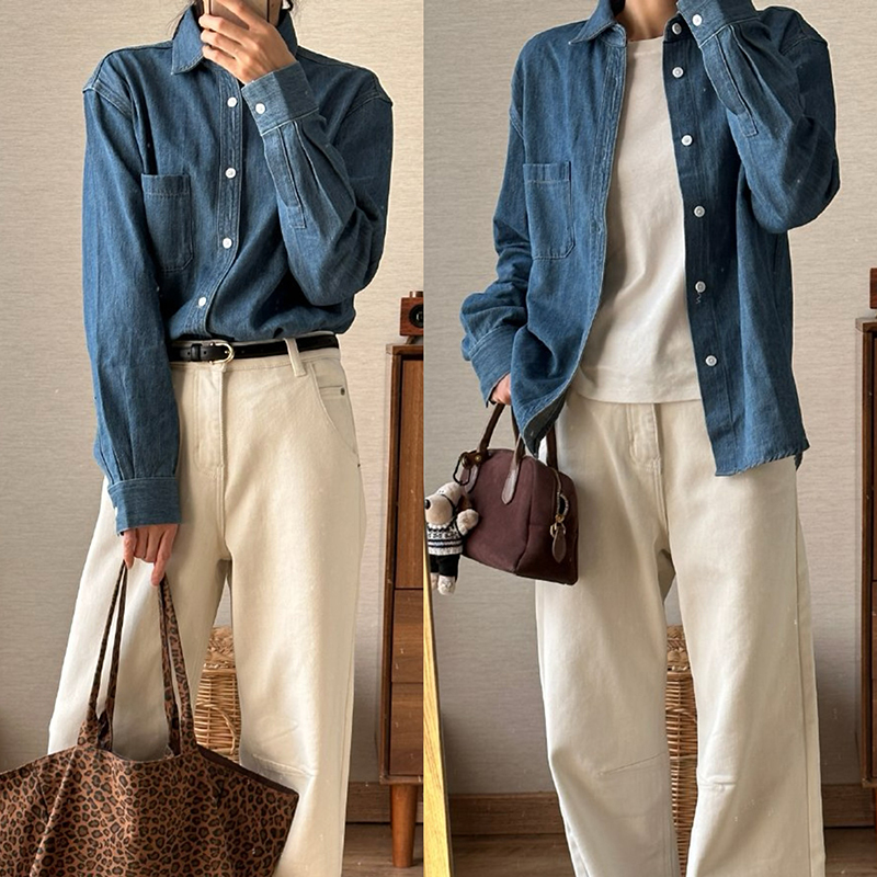 Nian Retro Casual Blue Denim Shirt with Inner Shirt Jacket Nn002