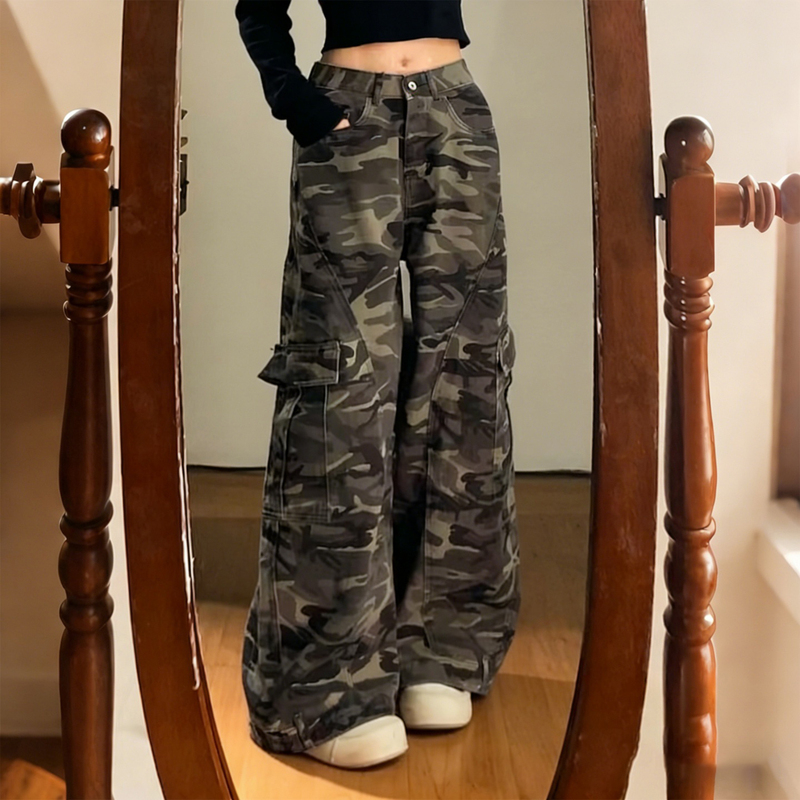 150kg Plus Size Women's Camouflage Cargo Wide-Leg Jeans with Multiple Pockets, High-Waisted, Slimming, Floor-Length Trendy Pants