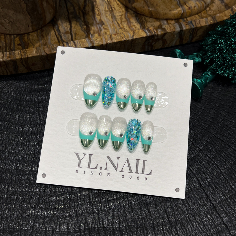 【Yl.Nail Mint Monsoon】Handmade Nail Tips ins Unique Mint Blue-Green Glitter French Wearable Nails 【Yl.Nail Mint Monsoon】Handmade Nail Tips ins Unique Mint Blue-Green Glitter French Wearable Nails