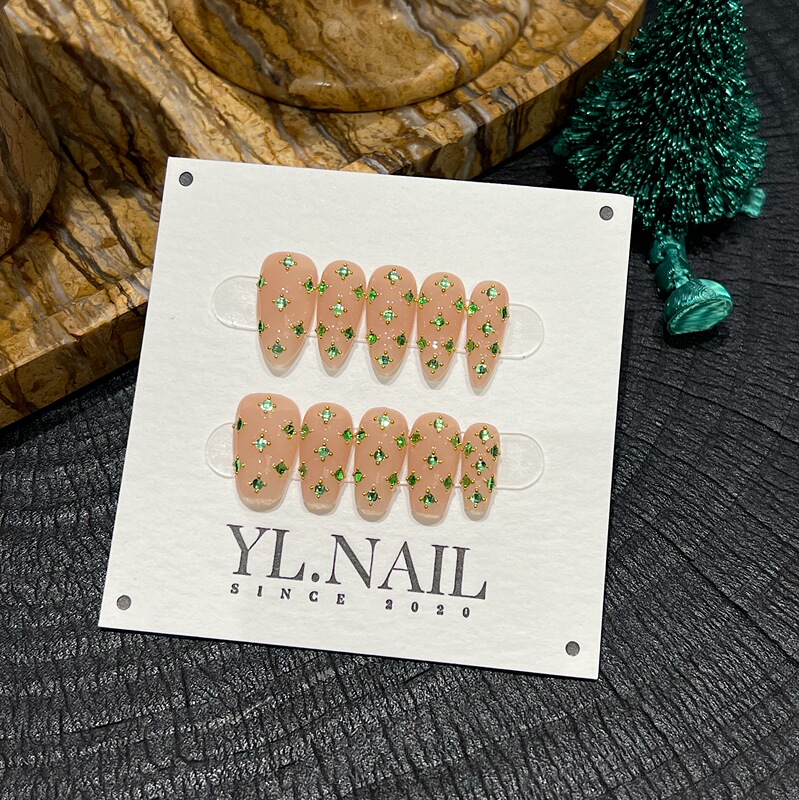 【Yl.Nail Reunion】Handmade Nail Tips ins Unique Full Rhinestone Green Rhinestone Martinique Wearable Nails