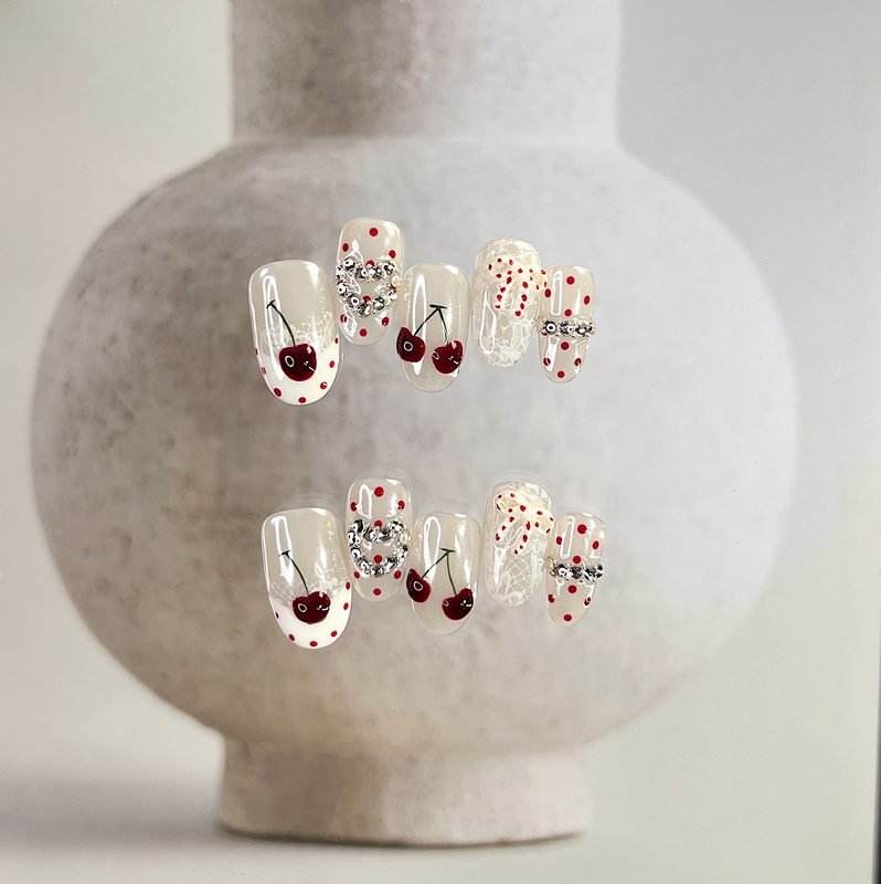 【Yl.Nail Cream Cherry】Purely Handmade Nail Tips with Trendy Polka Dots, Lace, and Cherry Designs, Hailey Style Wearable Nails