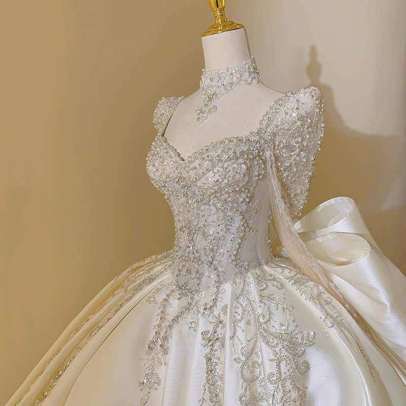 Satin Light Wedding Dress 2026 New Style Bridal Main Dress High-End Texture Petite French Heavy Craftsmanship Plus Size Long Sleeve with Train Satin Light Wedding Dress 2026 New Style Bridal Main Dress High-End Texture Petite French Heavy Craftsmanship Plus Size Long Sleeve with Train