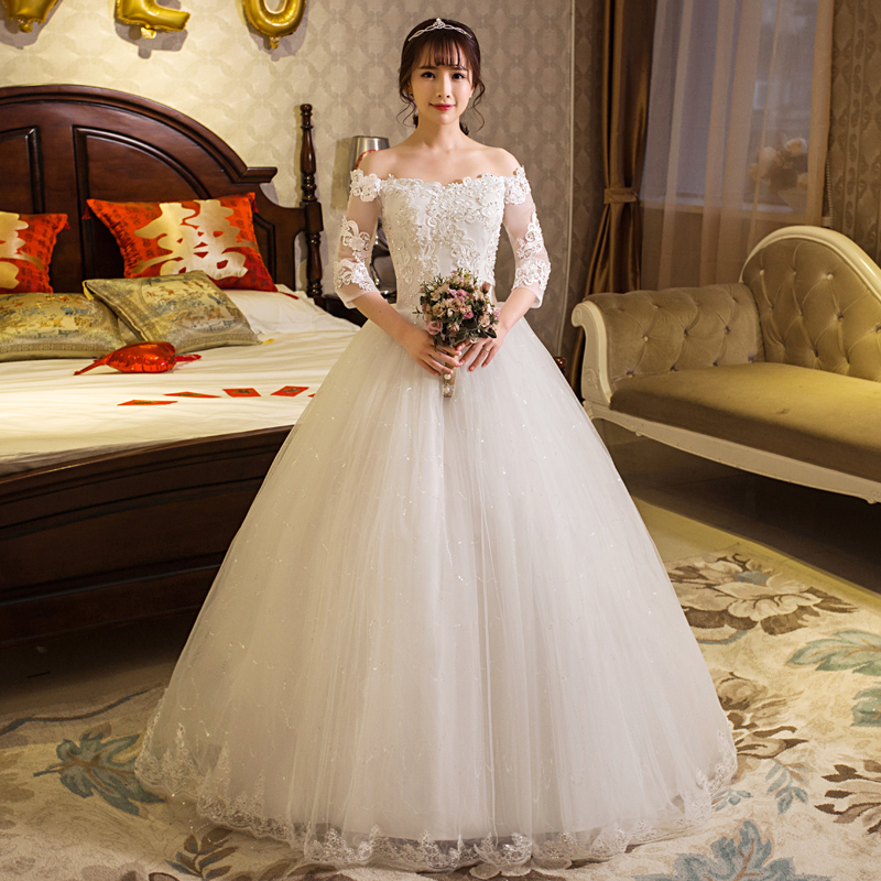 Slotted shoulder lace medium long sleeve princess bride wedding dress 2021 summer new lace wedding dress Qi Di wedding