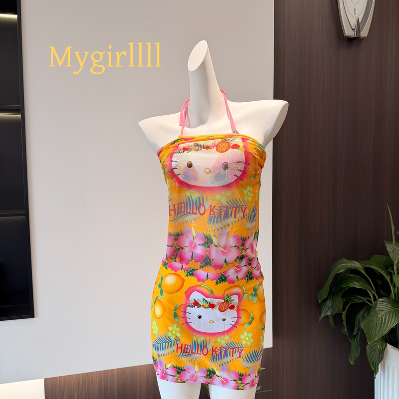 Mygirllll Japanese-Style Cute Girl Kitty Print Bikini Cover-Up Skirt and Veil Four-Piece Set Separate Swimsuit for Women