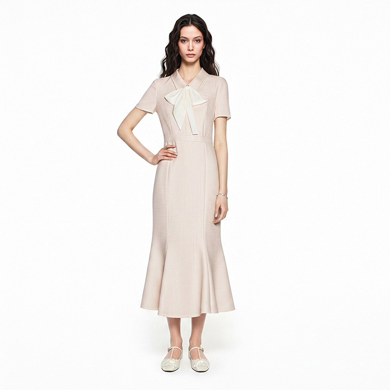 I Jmori Simple Solid Color Bow Dress Women's Long Style 2026 Summer New Short-Sleeved Fashion Fishtail Dress I Jmori Simple Solid Color Bow Dress Women's Long Style 2026 Summer New Short-Sleeved Fashion Fishtail Dress