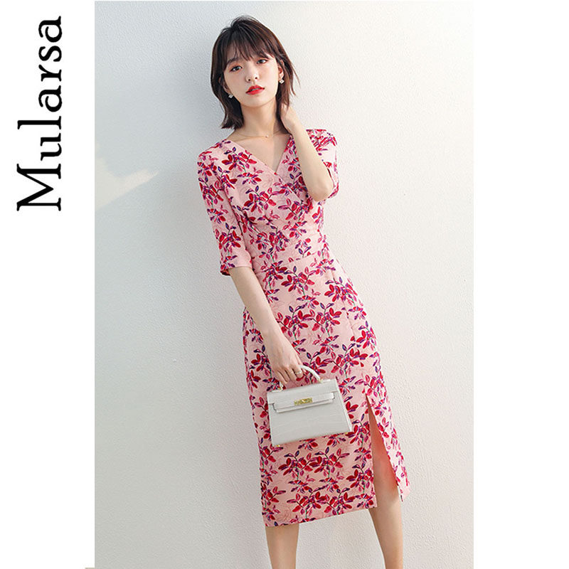 Romantic fireworks! Floral dress 2021 summer dress new V-neck high-waist wrap temperament chiffon midi skirt