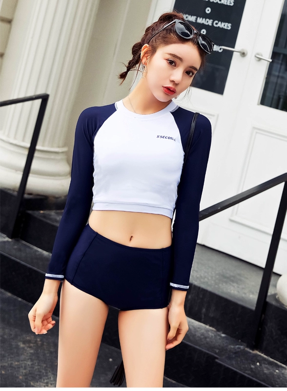 Hàn Quốc bảo thủ chống nắng dài tay cao eo đồ bơi học sinh nữ chia tam giác giảm béo bụng thể thao spa áo tắm