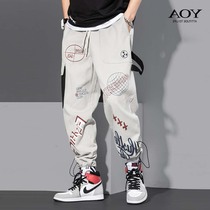 2021 Summer New Graffiti Trendwork Pants Male Tide Cards Loose Straight Barrel Casual Pants with Drawn Rope Bunch pants