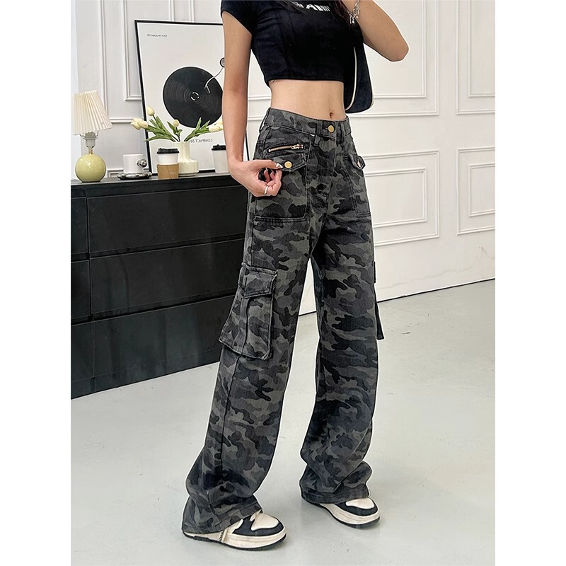 American High Street Workwear Wide-Leg Camouflage Jeans for Women, Drapey Spring Vintage High-Waisted Loose Slimming Straight Pants