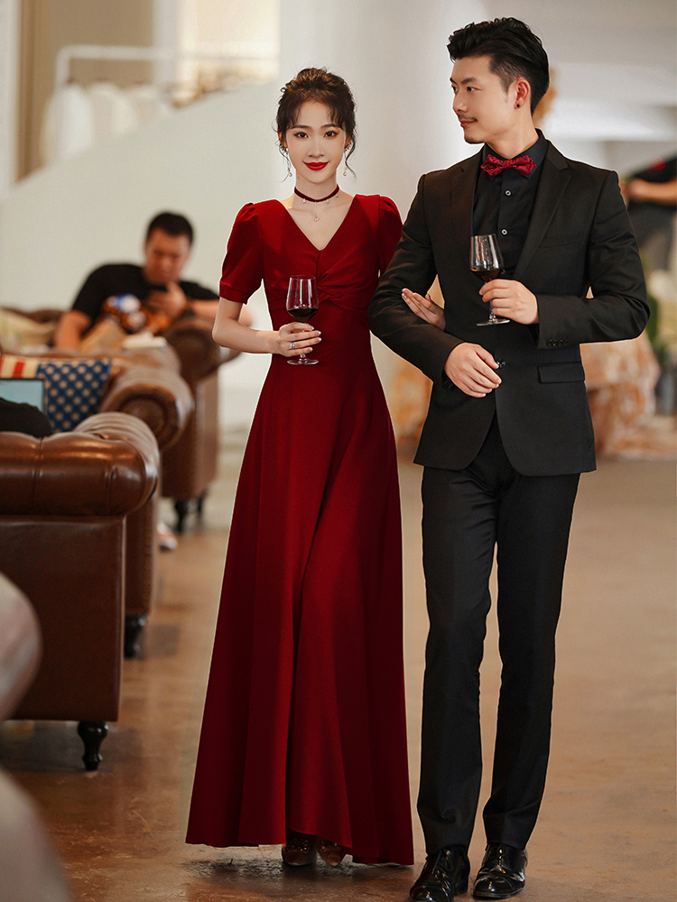 Burgundy advanced evening dress, 2023 collection, high-quality style, V-neckline