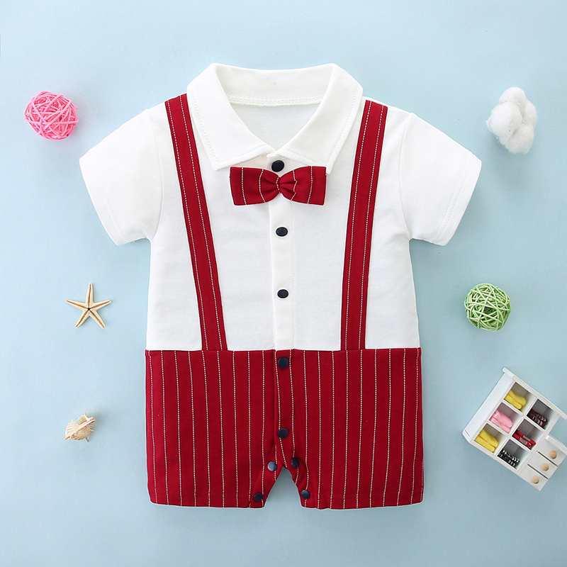 Summer Baby Boy Romper with Striped Bow Tie and Suspenders, Short-Sleeved Formal Outfit for 100-Day Celebration or First Birthday, Thin Summer Wear
