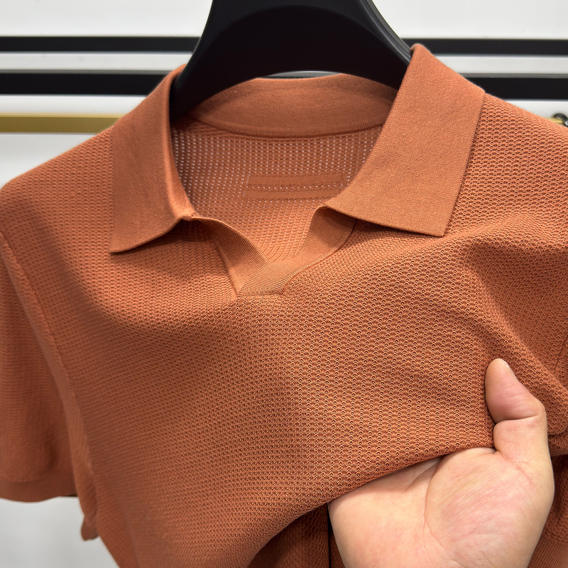 The Same Mulberry Silk Knitted Short-Sleeved T-Shirt in the Mall, Men's Mesh Thin T-Shirt, Tencel Cotton Seagull Collar Half-Sleeved Polo Shirt, Trendy