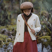 Dream horse flower embroidered sweater gentle and long sleeve fairy cardiovert fall warm female V neckline sweatshirt Mori ensemble