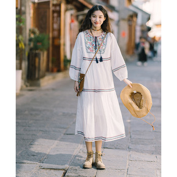 Ethnic style embroidered dress heavy industry embroidered sunscreen long-sleeved Yunnan travel wear retro loose long skirt summer women
