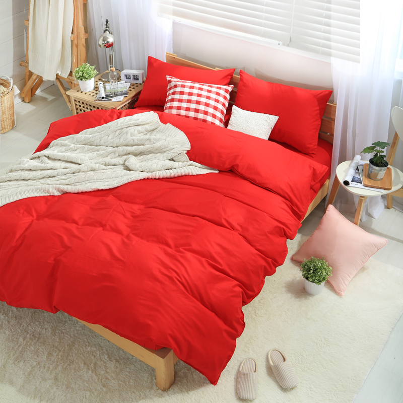 Đôi rắn màu bông vải denim giường 1.8m giường bông chăn trơn đơn giản màu đỏ lớn hoa hồng đỏ - Bộ đồ giường bốn mảnh bộ chăn ga gối đệm cưới đẹp