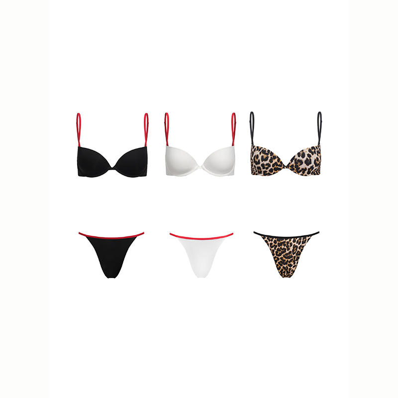 Itsdinn “Basic Series” Thin Red Shoulder Straps Black and White Gold Leopard Print Half-Cup Bra and Panty Set