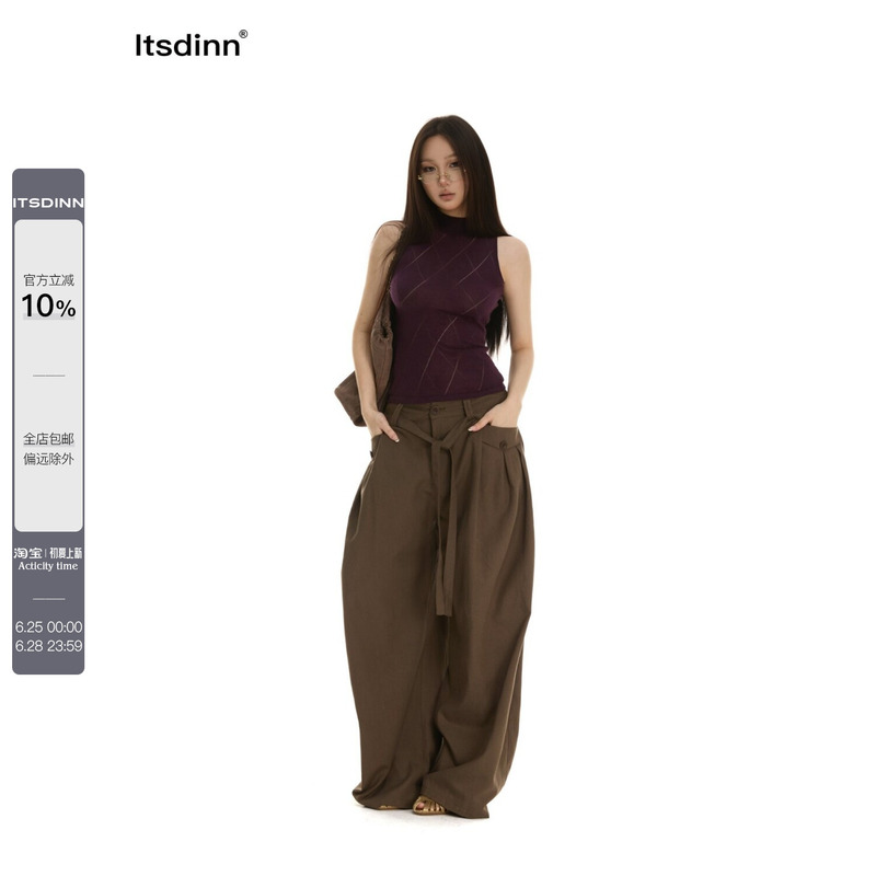 Itsdinn Lyocell Purple High-Neck Hollow-Out Sleeveless Vest Retro Diamond Pattern Casual Slim Fit Top