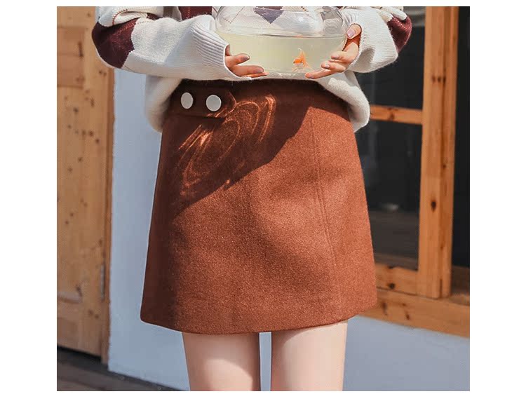 Váy len nữ mùa thu đông 2017 phiên bản Hàn Quốc mới của retro caramel màu eo cao váy sinh viên túi hông một chiếc váy chữ chân váy sọc caro hàn quốc