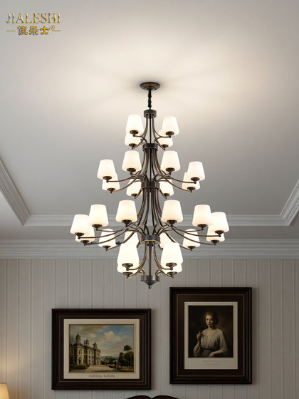 Double-Story Living Room Chandelier in a Duplex House, American-Style Minimalist Loft Hotel Rotating Three-Story Long Pendant Staircase Light