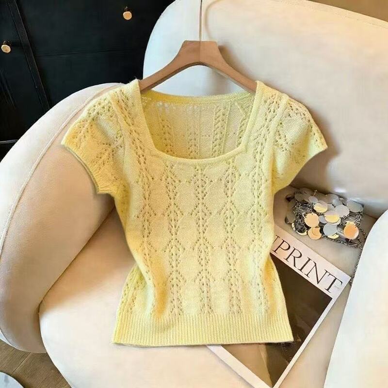 This Year's Popular Gentle Style Square-Neck Yellow Hollow-Out Thin Knit Short-Sleeve Top for Women with a Slimming and Versatile Design