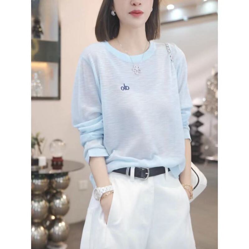 This Year's Popular Blue Thin Ice Silk Long-Sleeved Sun Protection T-Shirt for Women, Air-Conditioning Cover-Up, Korean Style Lazy Loose Top