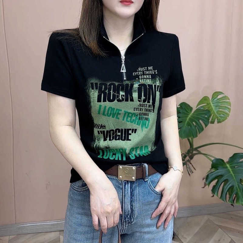 This Year's Trendy and Versatile Half-Zip Stand Collar Letter Print Short-Sleeve T-Shirt for Women, Casual Petite Plus-Size Top