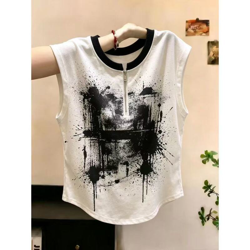 This Year's Popular Light-Mature Style Tie-Dye Printed Zipper Sleeveless Vest for Women with a Unique Design and Made of Pure Cotton