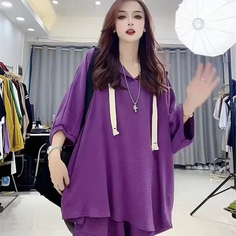Clearance Sale Women's Clothing~ European and American Style Hooded Half-Sleeve Top + Elastic Waist Shorts Women's Casual Loose Two-Piece Set Trendy Clearance Sale Women's Clothing~ European and American Style Hooded Half-Sleeve Top + Elastic Waist Shorts Women's Casual Loose Two-Piece Set Trendy
