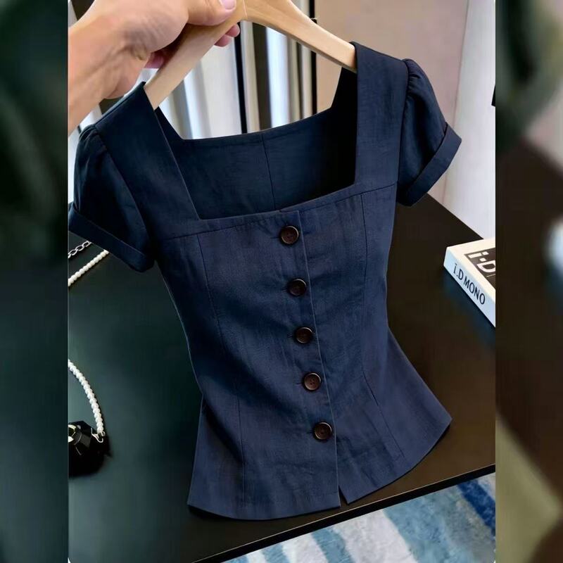 This Year's Popular Light-Mature Style Square-Neck Single-Breasted Navy Blue Short-Sleeved Shirt for Women with a Unique Design This Year's Popular Light-Mature Style Square-Neck Single-Breasted Navy Blue Short-Sleeved Shirt for Women with a Unique Design