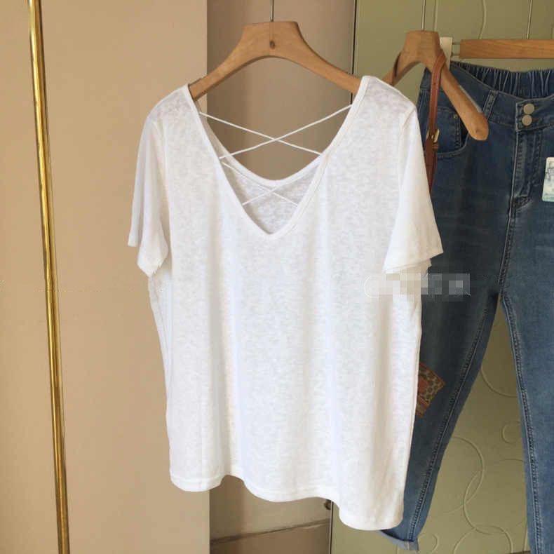 This Year's Popular Pure Cotton Backless Short-Sleeve Women's Designer T-Shirt Is Loose, Slimming, and Versatile
