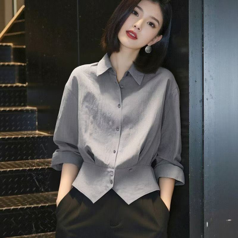 This Year's Trendy, Unique, and Beautiful Waist-Cinching Collared Long-Sleeve Shirt for Women, with a High-End Feel, Versatile, and Slimming