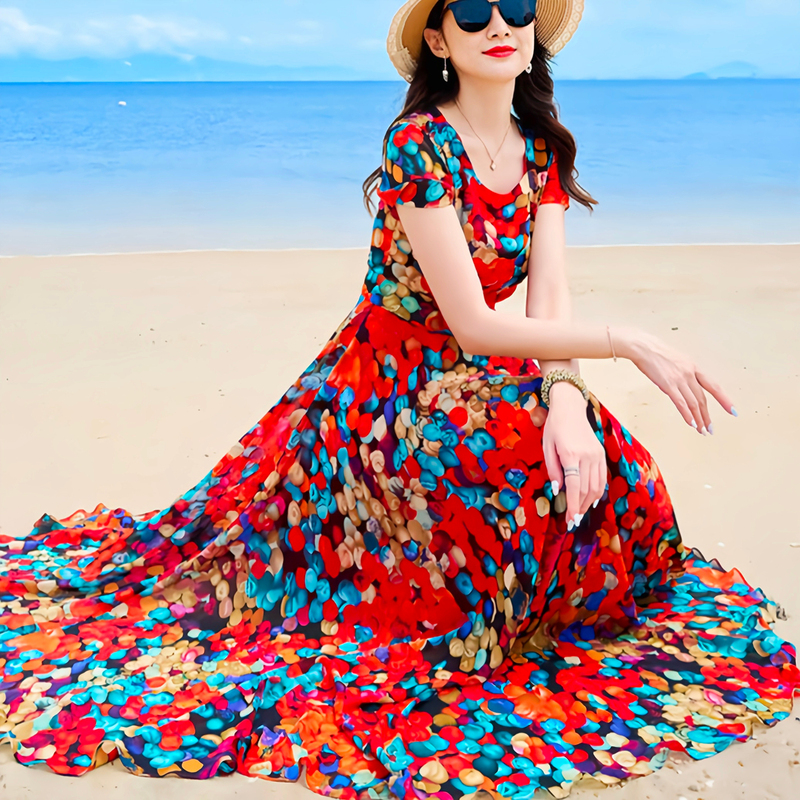 French-Style Floral Dress for Women, Summer, Elegant, Beach-Ready, Polka Dot, Beautiful and Stylish Chiffon Long Dress, Ankle-Length, Extra-Long Style