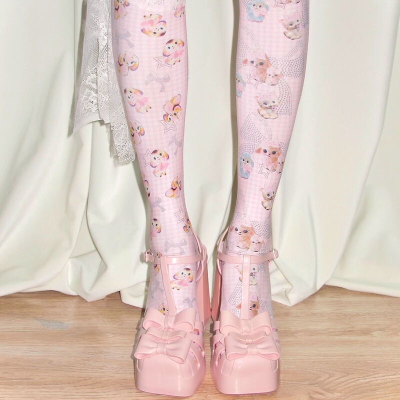 Lis Calla｜【Same Style as Illit】Original Small Animal Bowknot Pink Plaid Mid-Calf Socks