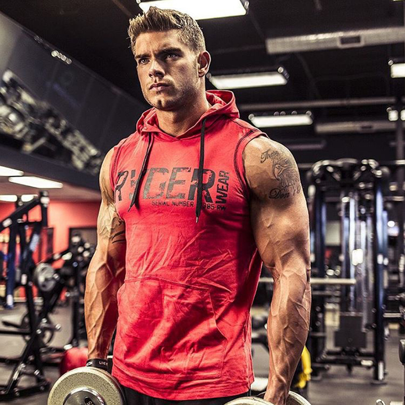 Men's Fitness Clothing Hooded Loose Short-Sleeved T-Shirt Top Sleeveless Vest Running Training Hooded Sportswear