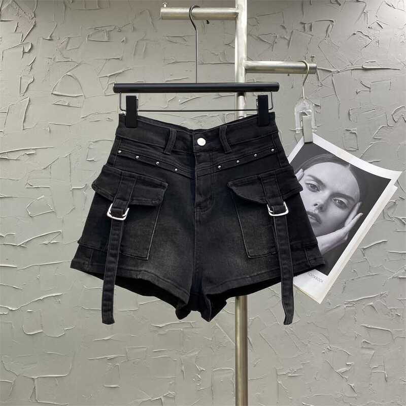 Trendy Workwear Pocket Retro Denim Shorts for Women, New Summer Style, Spicy Girl Personality, Elastic High-Waisted Slimming Wide-Leg Pants Trendy Workwear Pocket Retro Denim Shorts for Women, New Summer Style, Spicy Girl Personality, Elastic High-Waisted Slimming Wide-Leg Pants