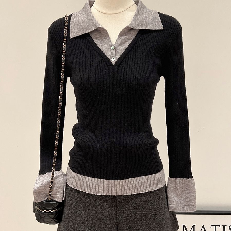French-Style Light Luxury Fashion Color-Blocking Faux Two-Piece Polo Collar Long-Sleeve Cashmere Knit Sweater for Women, New Spring and Autumn Top