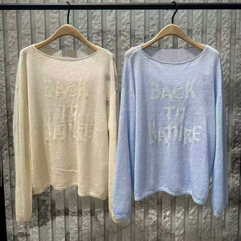 Authentic Knitwear 2026 Autumn New Lightweight Sheer Cotton-Linen Off-Shoulder Loose Cover-Up Sweater with Slogan Mbf3Swt033 Authentic Knitwear 2026 Autumn New Lightweight Sheer Cotton-Linen Off-Shoulder Loose Cover-Up Sweater with Slogan Mbf3Swt033