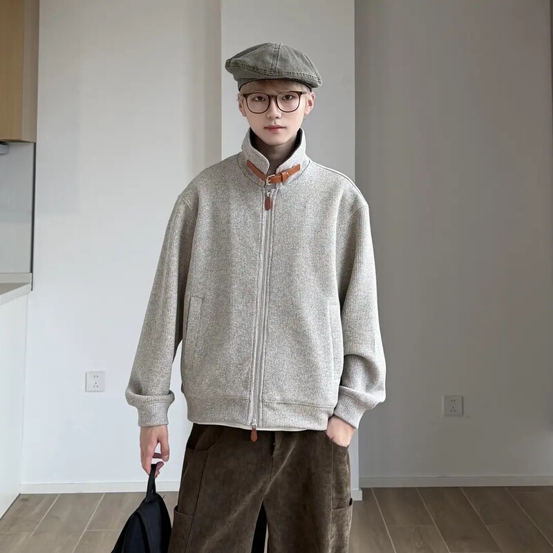 Manre Show Autumn New Style Turn-Down Collar Cardigan Knitted Sweater Jacket for Men, Light Luxury Casual Loose Jacket