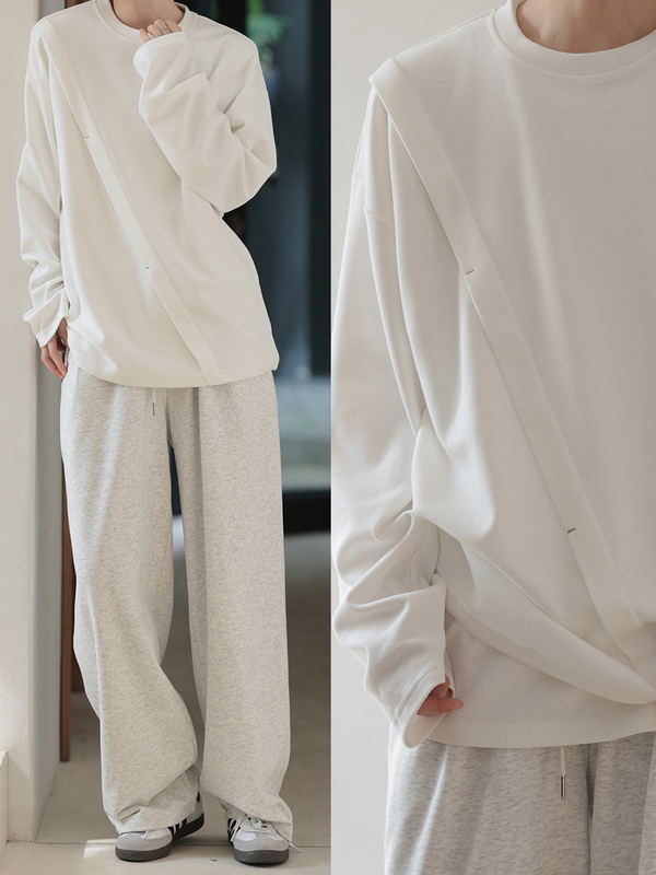 Comfortable and Skin-Friendly Pleated Color-Block T-Shirt, Unisex Basic Style, Simple Japanese-Style Autumn Long-Sleeve
