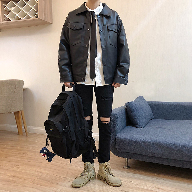 LES handsome T Lin bend Korea loose boys short pu leather jacket BF fan racing suit leather jacket male spring